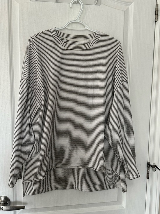 Source Unknown Tops - Oversized Micro-Stripe High-Low Tunic Top | Neutral Minimalist Basics Cozy Chic